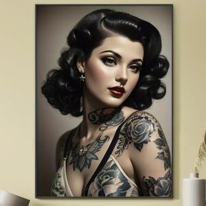 Vintage Tattoo Lady with Antique Necklace Canvas Art Print